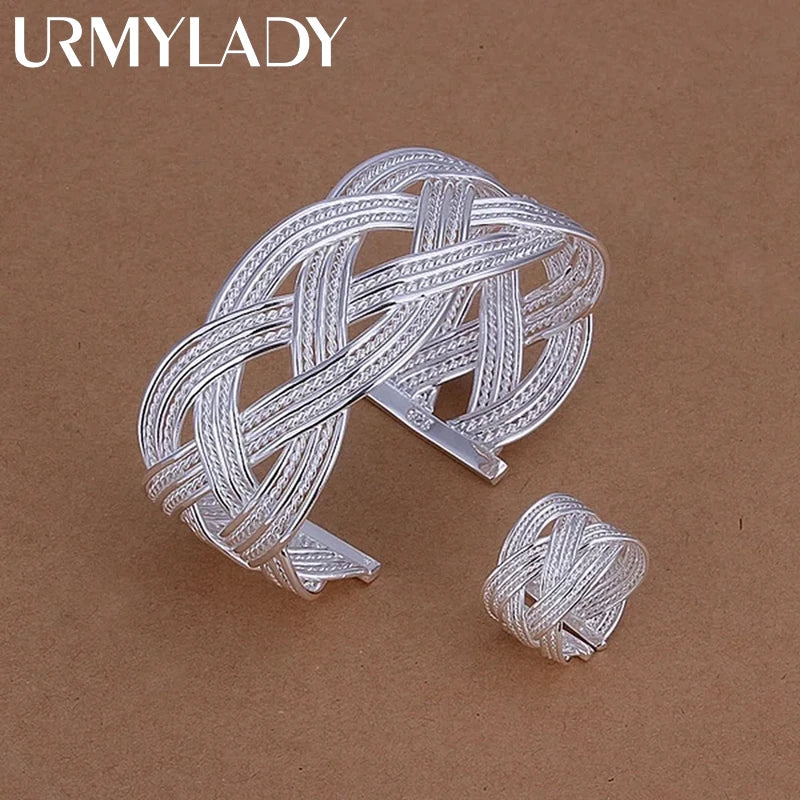 925 Silver jewelry Set For women lady Christmas gift retro exquisite reticulated circular opening bracelet ring fashion S284