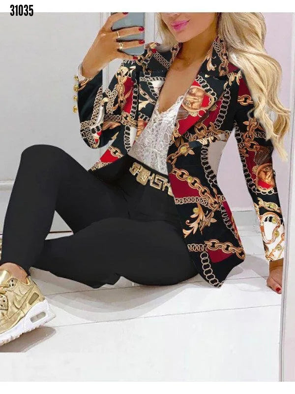 Fashion Butterfly Print Blazer Suit and Pants Two Piece Set for Women 2023 Autumn Winter Outfit Office Lady Casual Clothing