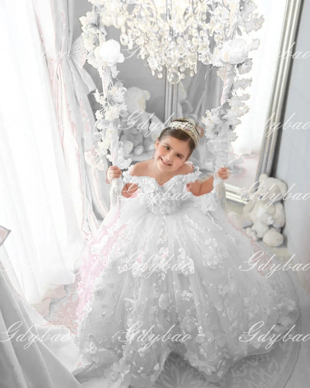 Pink 3d Applique Flower Girl Dress For Wedding Off Shoulder Luxurious Pearls Tulle Child First Eucharistic Birthday Party Dress