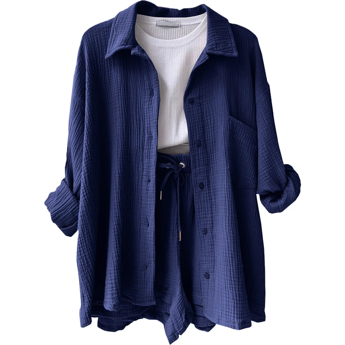 Short Sets Women Tracksuit Single Breasted Cardigan Blouses Two Pieces Shorts Loose Button High Street Solid Pockets Folds