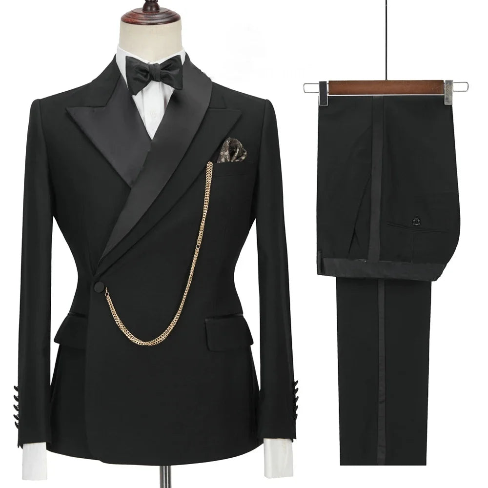 2024 Custom Made Black Groom Tuxedo Peaked Lapel Double Breasted Men Suit Prom Wedding Party Men Suits Costume ( Jacket+Pants)