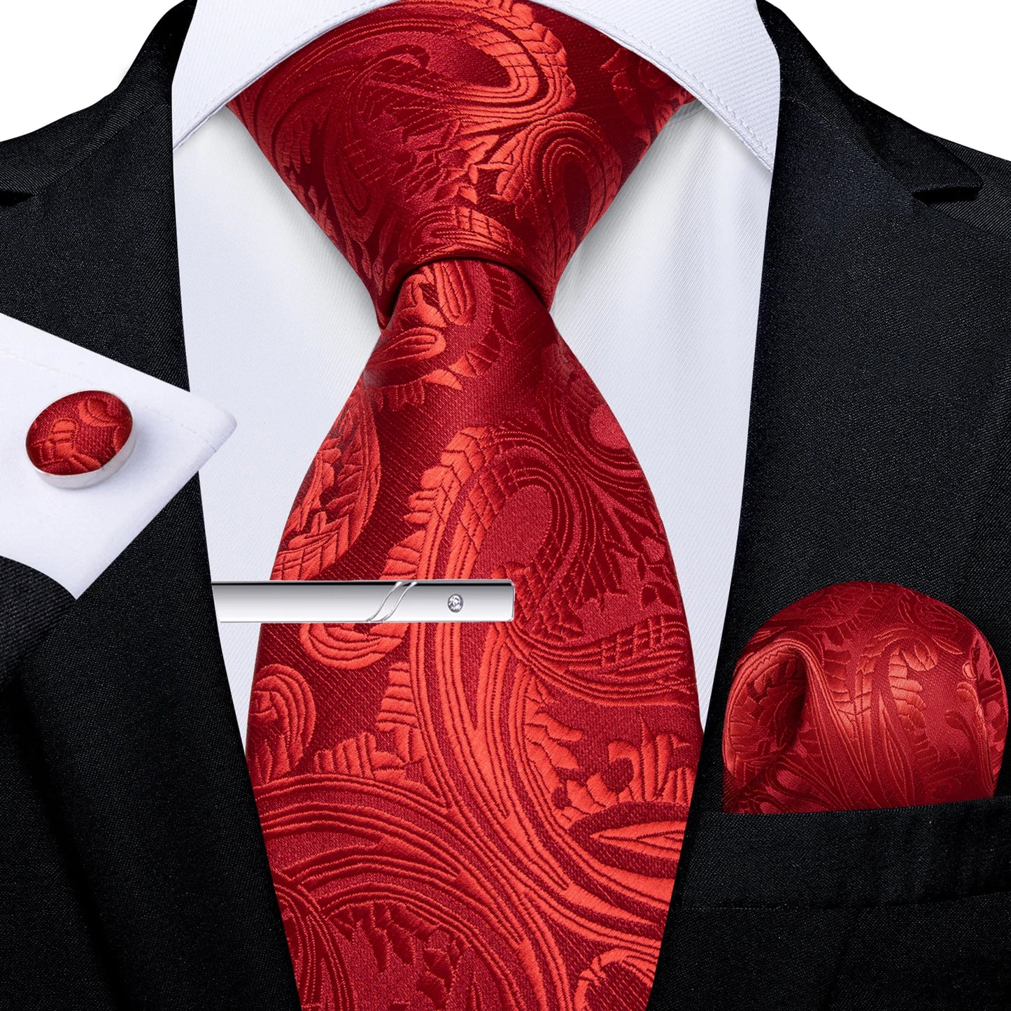 Men's Tie Set with Clip Luxury Retro Red Blue Floral 8cm Necktie Handkerchief Cufflinks Wedding Party Business Accessories Gift