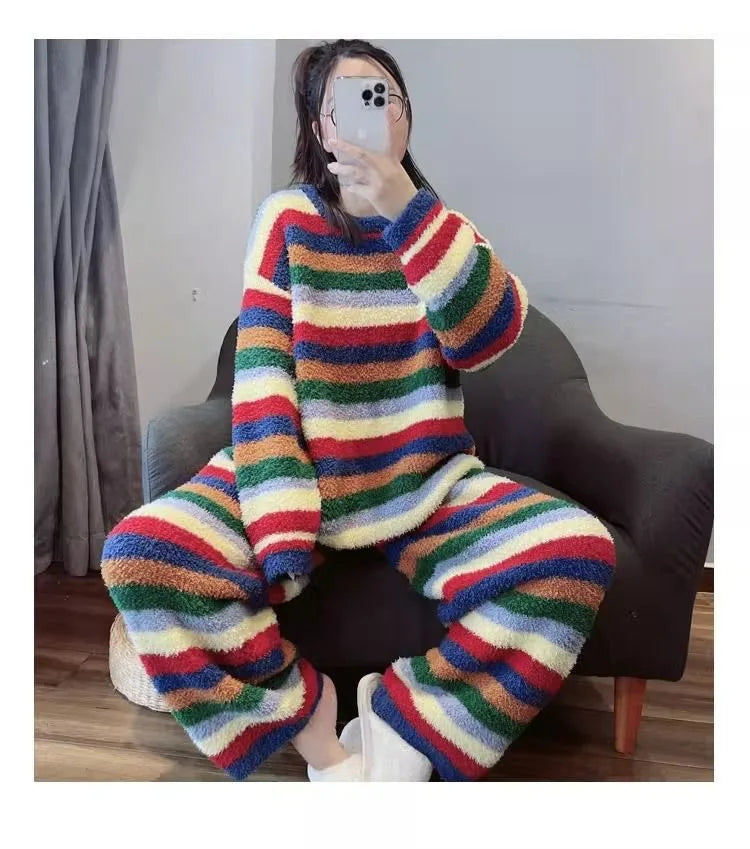 Winter Pajamas for Women: Cute Rainbow Pattern Korean Style Simple Half-Fleece Warm Pajamas Homewear Women's Winter Set