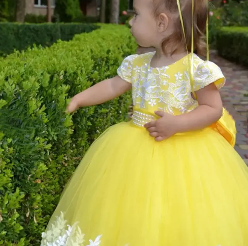 Yellow Flower Girl Dresses For Wedding Tulle White Appliques With Bow Cute Toddler Birthday Party Photo Shoot Gown