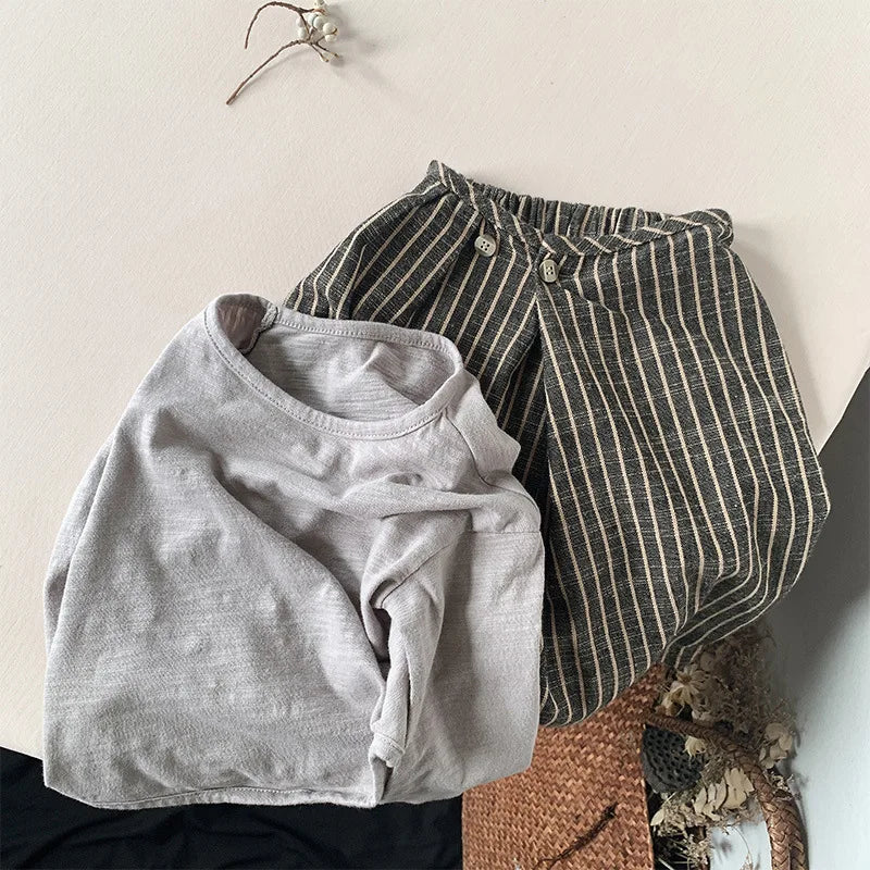 Children's Retro Striped Cotton And Linen Pant Spring Autumn New Japanese Boys And Girls Casual Loose Wide-Leg Pants WTP122