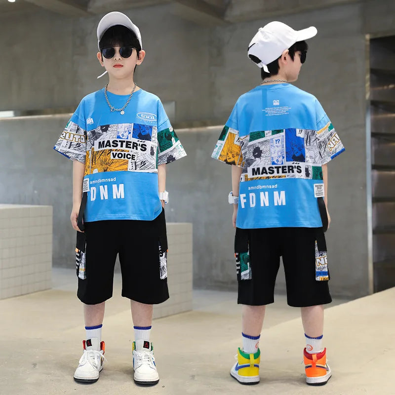 Summer Boys Cotton Alphabet Picture Printed T-Shirt Tops+Shorts Pant School Kids 2PCS Tracksuit Child Outfits Workout Set 3-16Yr
