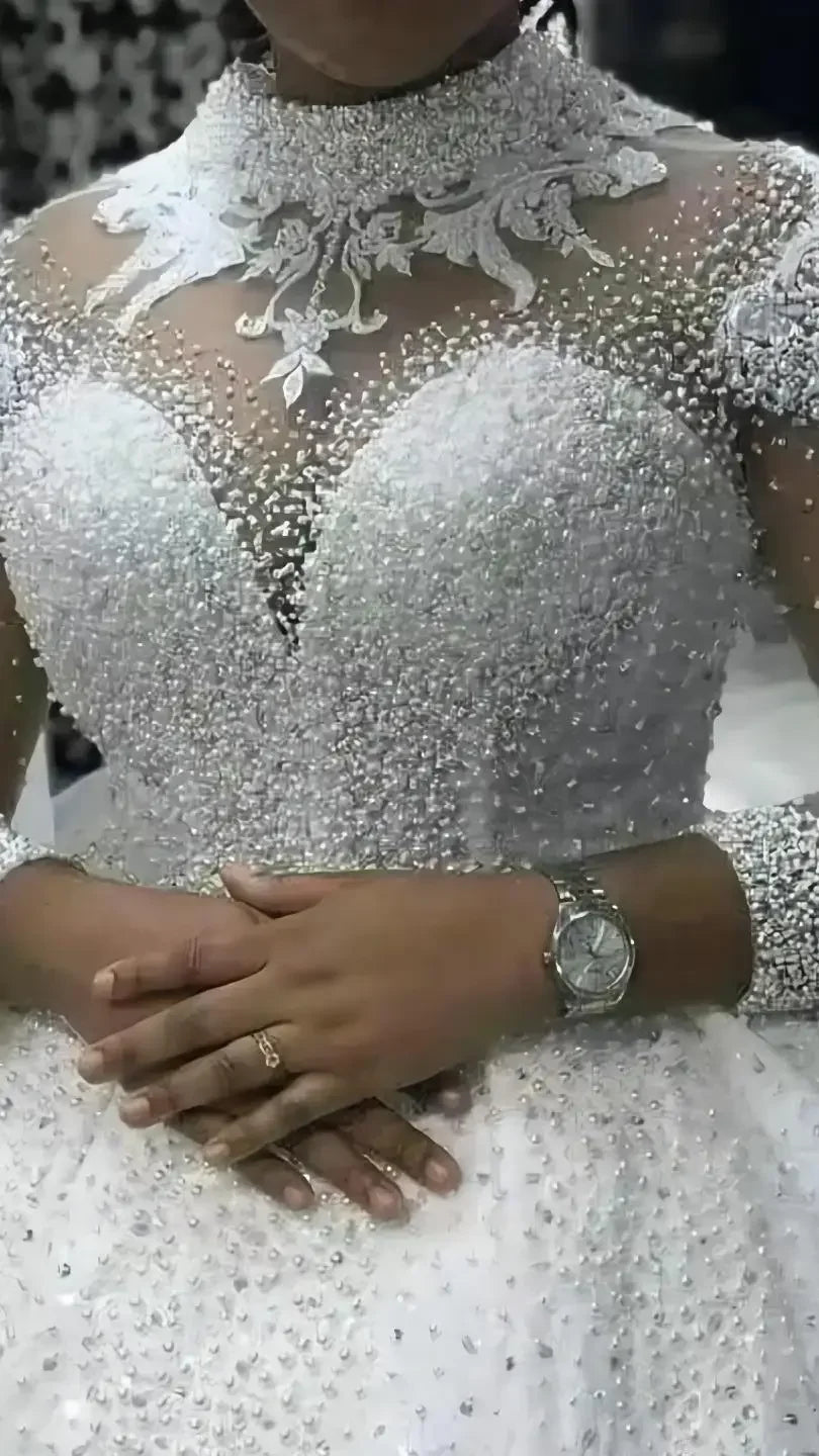 Customized African Ball Gown Luxury High Quality Custom Made Bridal Bride Wedding Dresses Long Sleeve Bride's Gowns