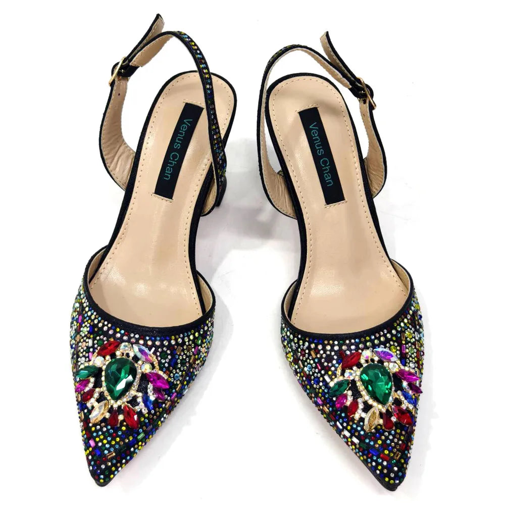Nigerian Heel Party for Women Blue Color Shoes and Bag Set Rhinestone Handbag Italian Design Wedding INS 2025