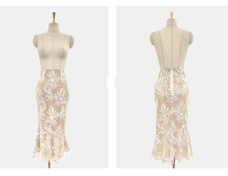Spring Professional Woman Lace 2 Pieces Set Simple Tops + Vintage High Waist Mermaid Skirt Korean Skirts Suits
