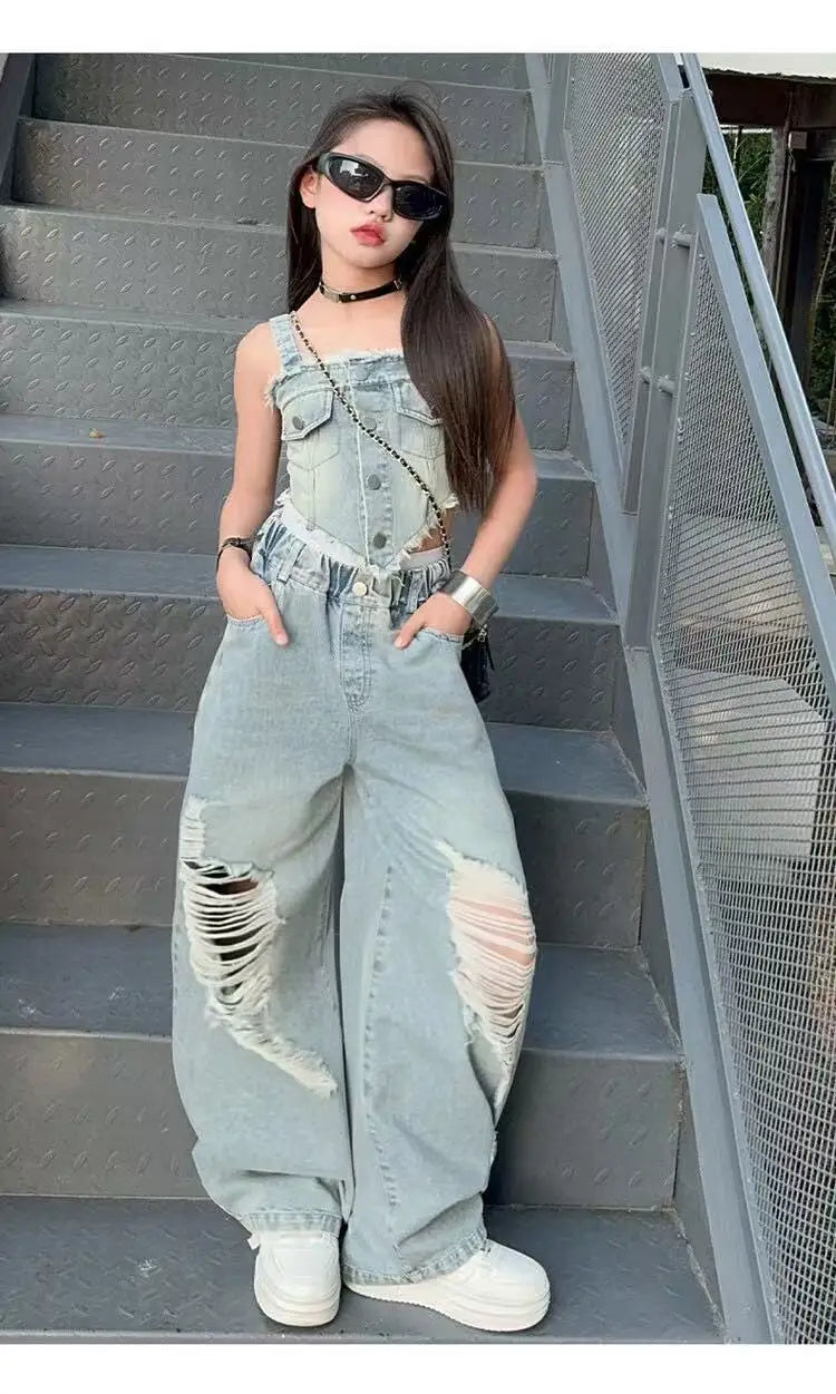 Girl Summer 2025 Halter Vest Ripped Wide-Leg Pants Two-Piece Set Kids Casual Harbor Flavor Simple Style