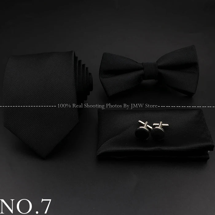 Hot Sale Red Blue Tie Set Polyester Slim Striped Necktie Bowtie Cufflink Brooch For Groom Suit Wedding Cravat Shirt Accessory