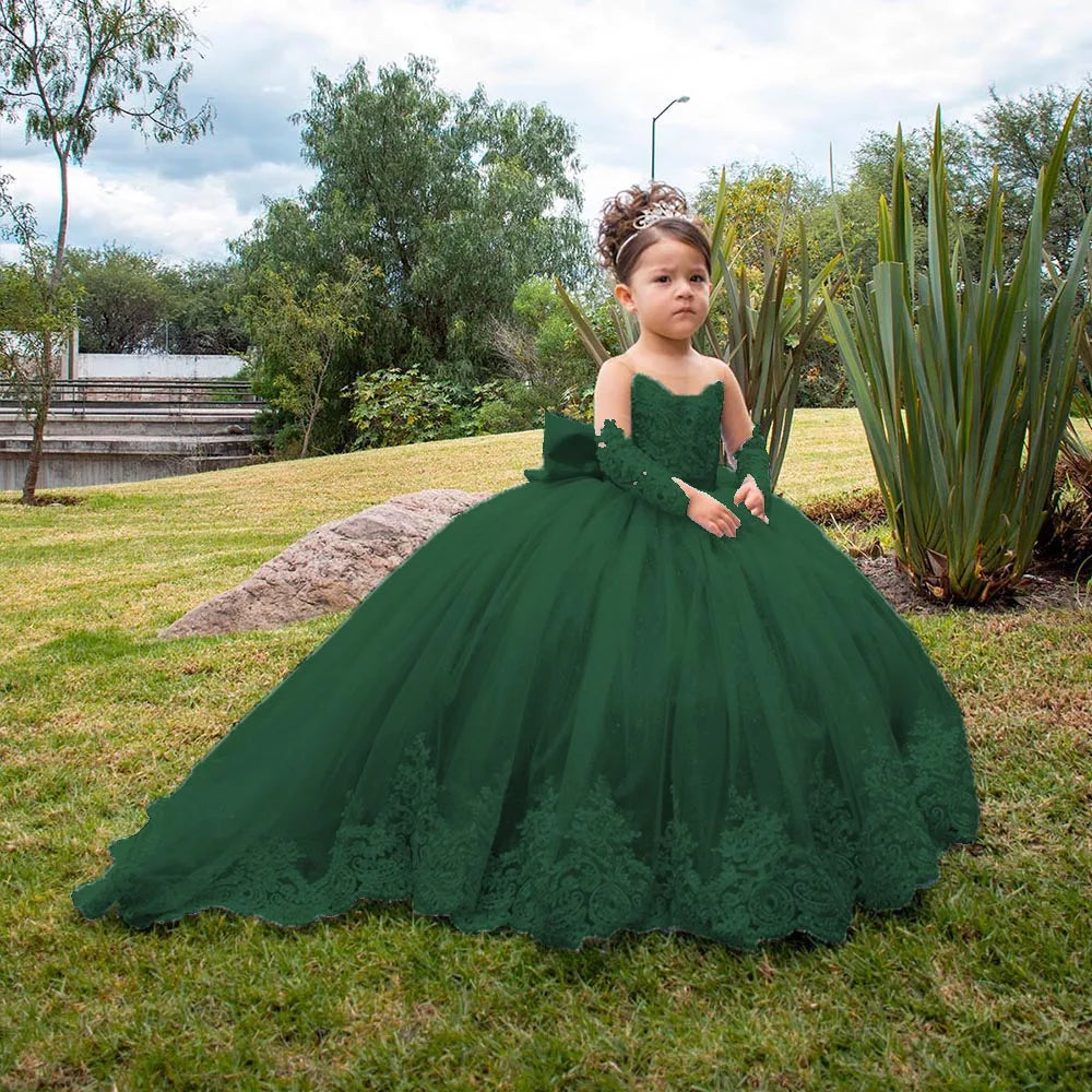 Long Sleeves Flower Girl Dresses For Weddings Toddlers Satin Bow Ball Gown Pageant Dress Sparkly 1st Communion Party Gowns