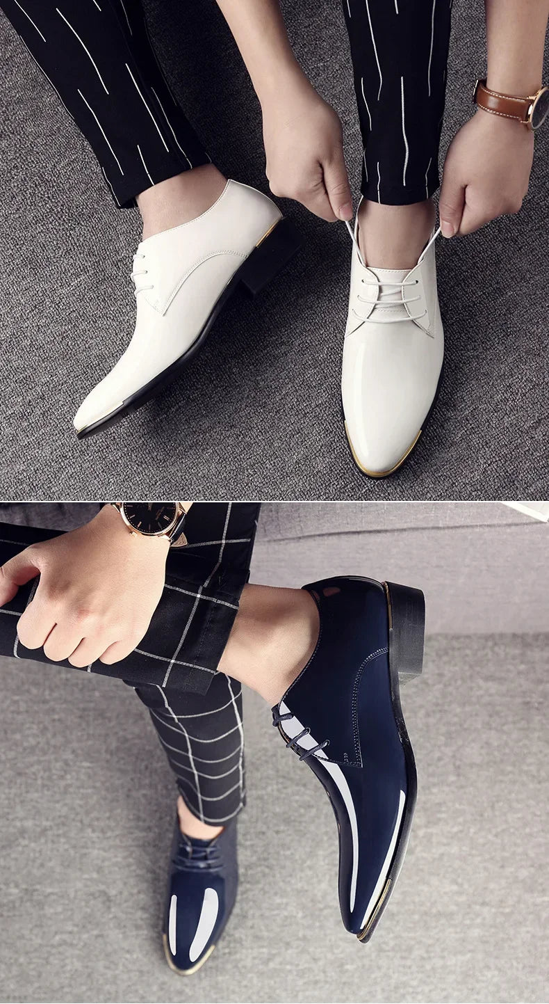 2024 New Men’s Patent Leather Shoes British Style Men's Dress Shoes Lace Up Pointed Toe Wedding Business Party Social Shoe Male