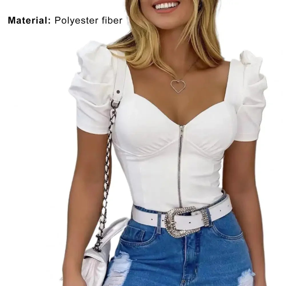 Spring New Fashion Casual Sexy Female Clothing T-Shirts Pullover Tops Floral Pattern Puff Sleeve Women Top