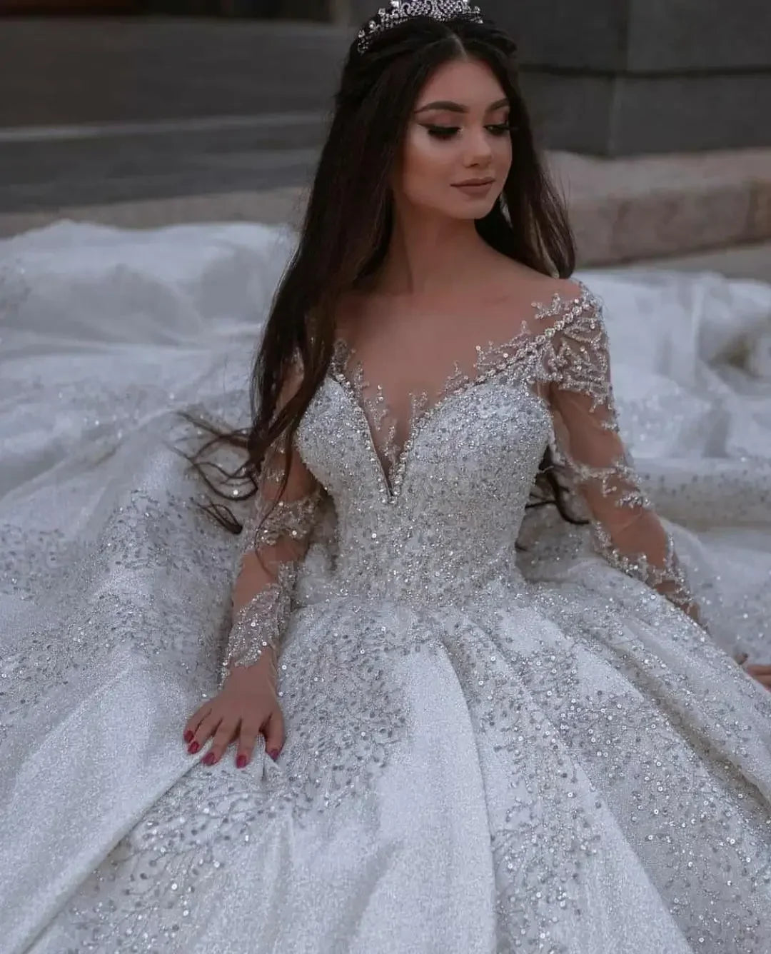 Customized Deep V Neck Full Beaded Sequins Wedding Dress Cathedral Train Long Sleeves Vestido De Casamento Bridal Gowns