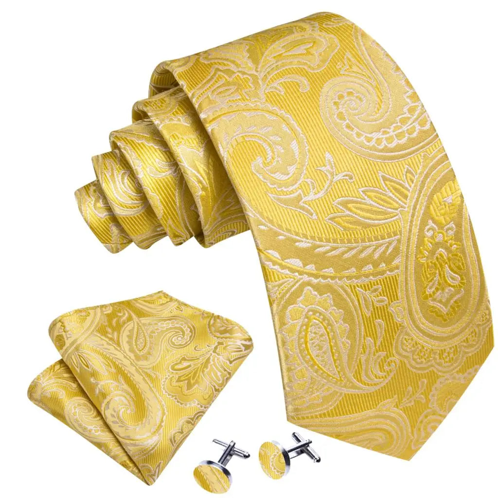 Barry.Wang Gold Beige Yellow Brown Tulip Silk Men Tie Handkerchief Cufflink Set Jacquard Necktie for Male Wedding Business Party