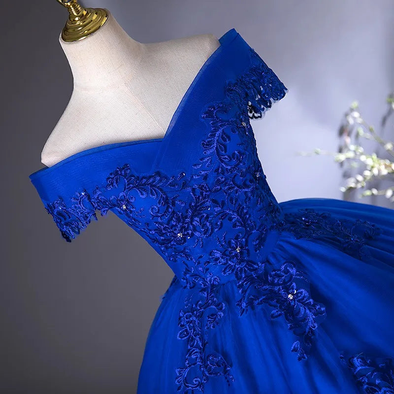 Royal Blue Off The Shoulder Lace Wedding Dress Appliques Beading Bride Dress Vintage Bridal Dresses Plus Size Customized