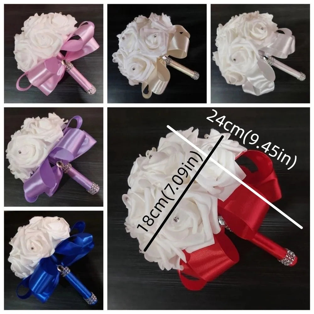 Romantic Rose Flower Bouquet PE Flower Satin Bridal Wedding Bouquet Simulation Artificial Rose Flower Bridal Wedding