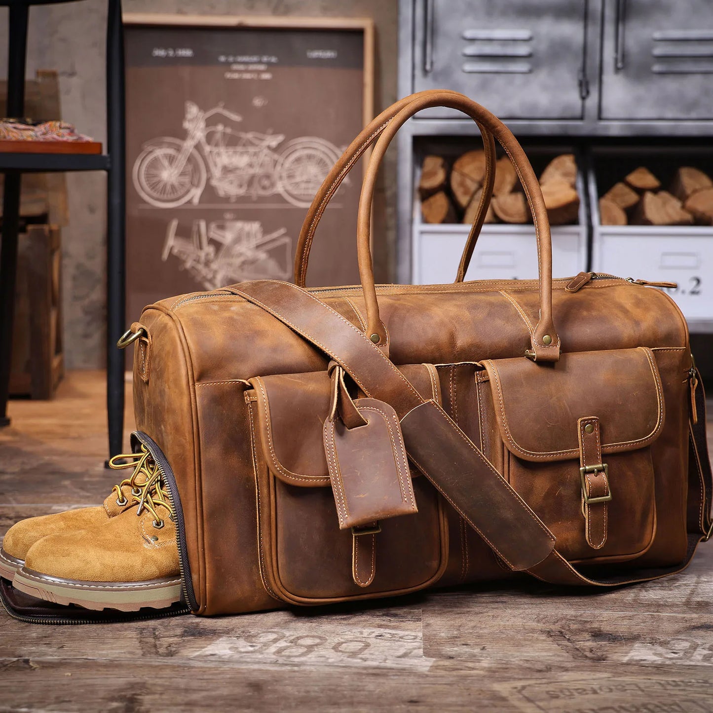 S.WORKER Vintage Genuine Leather Travel Bag Crazy-horse Cowhide Leather Duffel Bag Handicrafted Weekender Bag Gym Bag