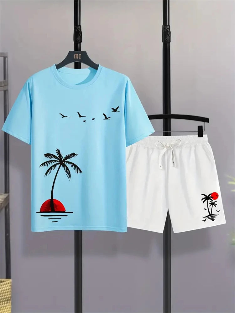 Summer Men's Suit Sportswear Fashion Casual Short Sleeve Vacation Style Gradient Printing Men's T-Shirt Shorts Suit Menswear