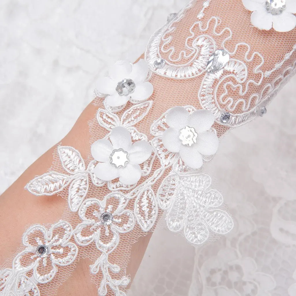 Bridal Gloves Fingerless for Wedding Ivory White Floral Rhinestone Lace Short Party Prom Tulle Crystal Ladies Girls
