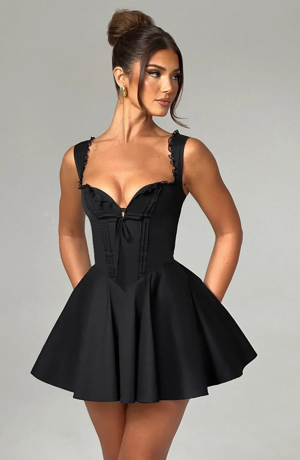 Women's Hot Girl Sweetheart Neck Dress Sexy Lace Splicing A-Line Dress 2025 Spring Summer Female Sweet Girl Solid Color Dress