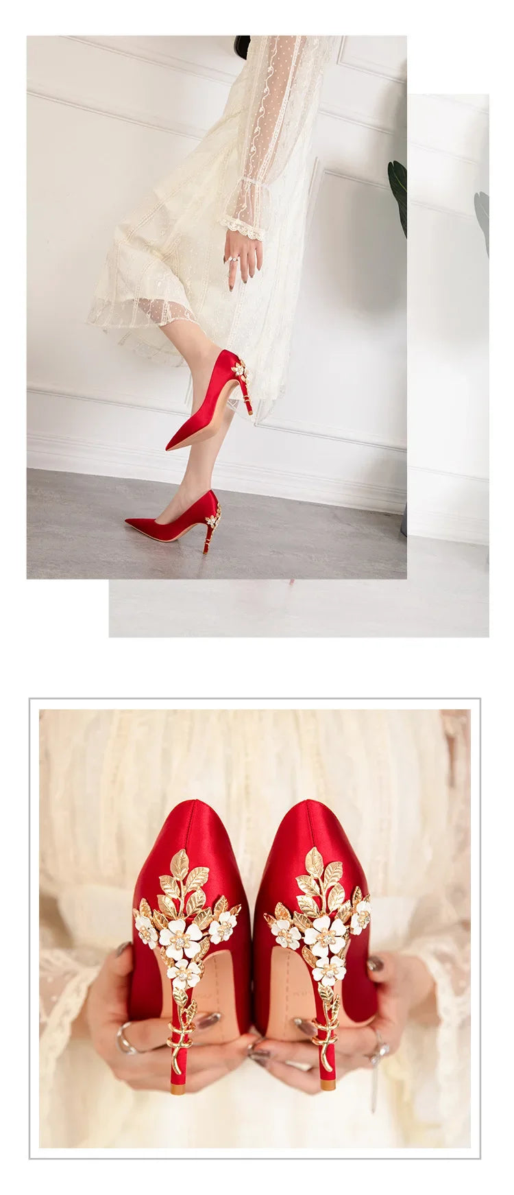 Women's Metal Flowers Stiletto High-heel Shoes Female Light Luxury Sexy Fashion Wedding Shoes Pointed Toe Satin Single Shoes