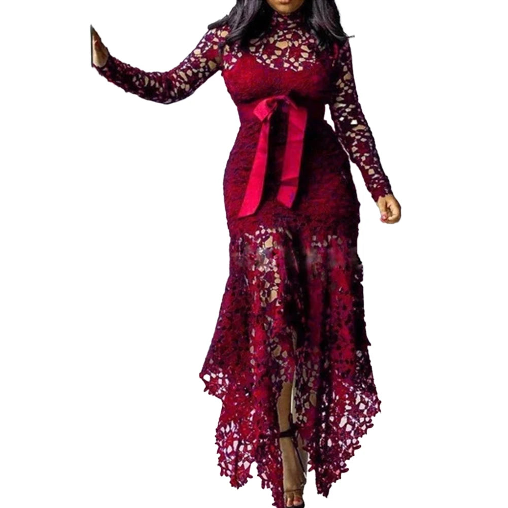 African Ladies Evening Gown Dresses Sexy Lace Long Sleeve Stand Collar Strappy Irregular Elegant Plus Size Long Dress Wedding