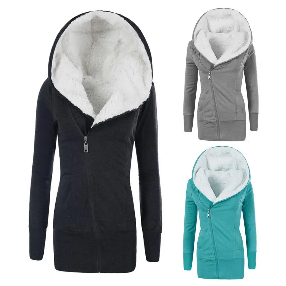 Women Fleece Long Hoodie Winter Jacket European And American Women's Winter Thick Warm Lamb Wool Hooded Mid Length Jacket