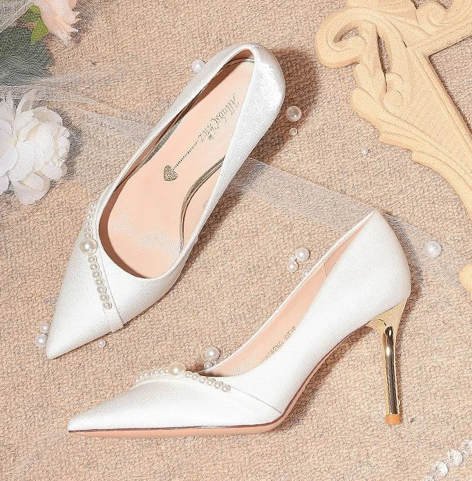 Women's Summer Footwear Bride Pumps Shoes for Woman 2024 Wedding Shoe on Heeled Pointed Toe Pearl Stilito High Heels Popular 39
