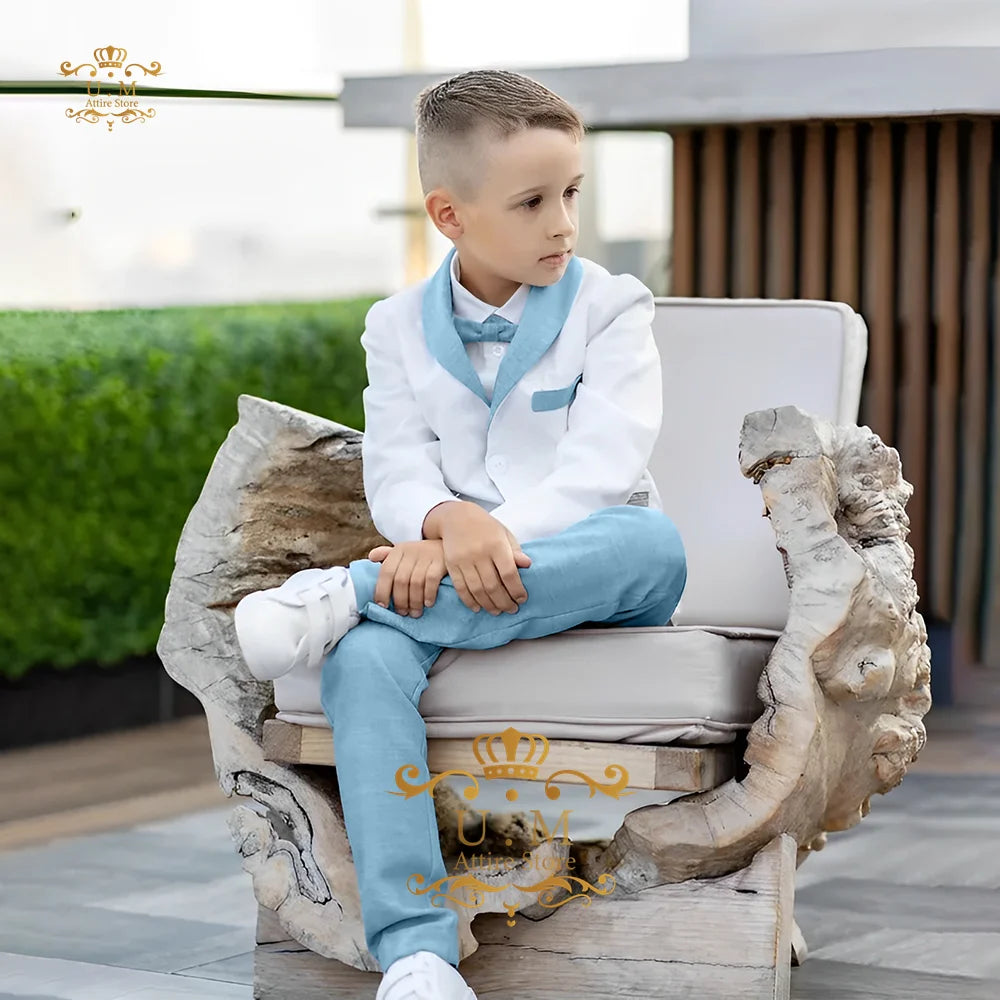 Boys' Linen Suit 2-piece set white Jacket Grey Pants Toddler first communion Outfit, pageboy formal set for wedding ring bearer