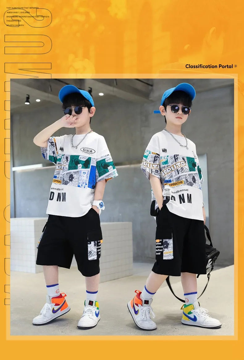 Summer Boys Cotton Alphabet Picture Printed T-Shirt Tops+Shorts Pant School Kids 2PCS Tracksuit Child Outfits Workout Set 3-16Yr