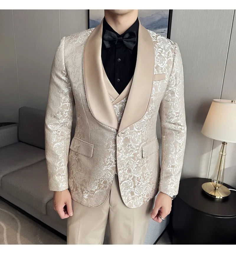 Spring 2025 Men's British Style Business Casual Three-Piece Suit Vest Trousers High-Density Jacquard Wedding Dress