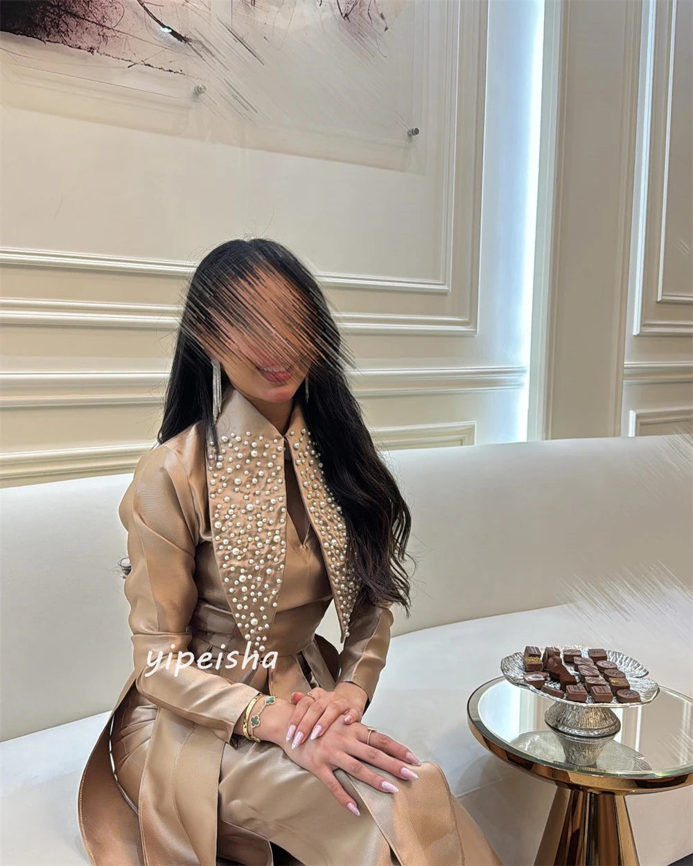 Customized s Pearls Beading Tassel Prom A-line High Collar Bespoke Occasion Gown Midi Dresses