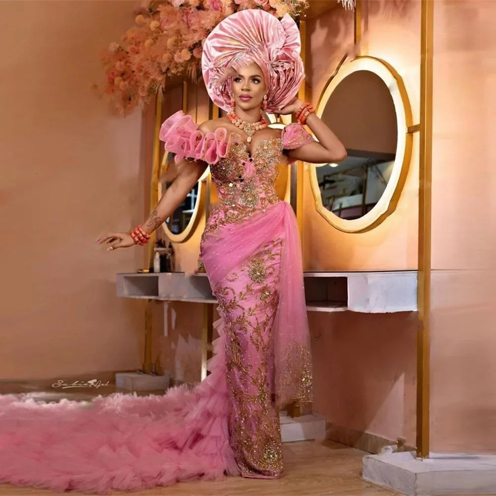 African Off The Shoulder Bead Evening Dress Long Overskirt Asoebi Pink Evening Dresses Luxury Nigerian Evening Gowns Crystals