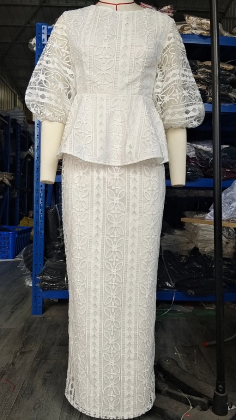 Elegant African Fashion Women Dress Set Retro Embroidery 3/4 Sleeve White 2-piece skirts matching sets