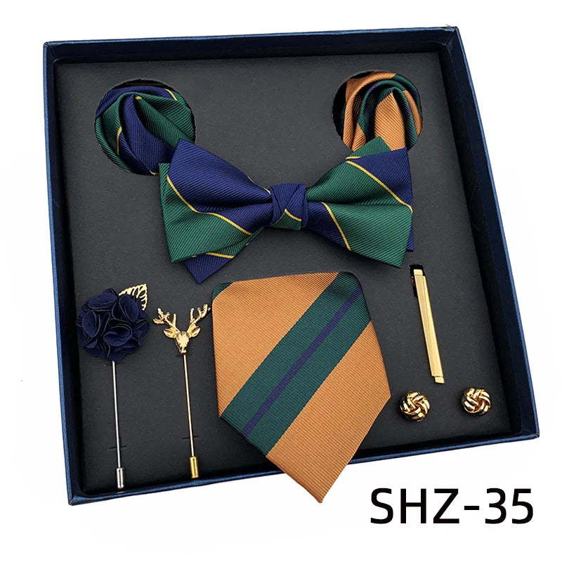 Vintage Green Men's Tie Set Luxury Neck Ties For Wedding Gift Bowtie Handkerchief Cufflinks Tie Clip Brooch Set For Male Necktie