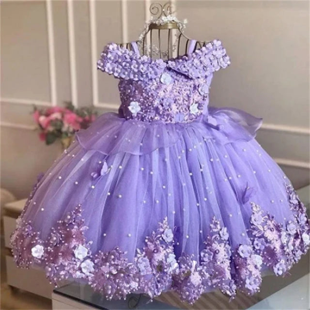 Luxury Baby Girl Birthday Dress Lace Pearls Infant Applique Dress Princess Flower Girl Dress Long Christmas Prom Ball Gown
