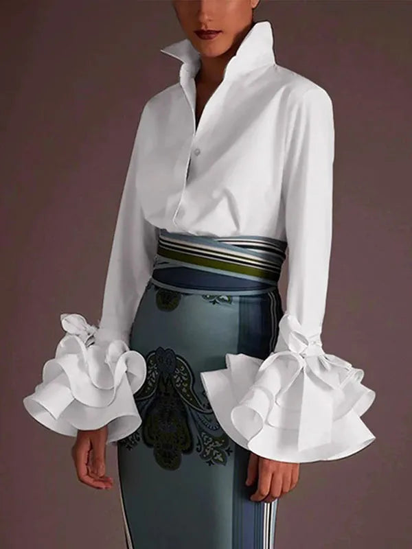 Women Elegant Flared Sleeves Falbala Blouses 2024 New Spring Autumn Black White Color Casual Office Lapel Shirts Tops