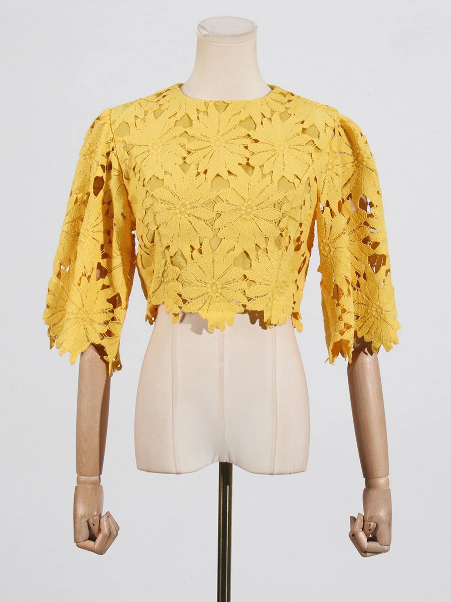 VGH Embroidery Two Piece Set for Women O Neck Batwing Sleeve Top High Waist Hollow Out A Line Long Skirt Elegant Suit Female New