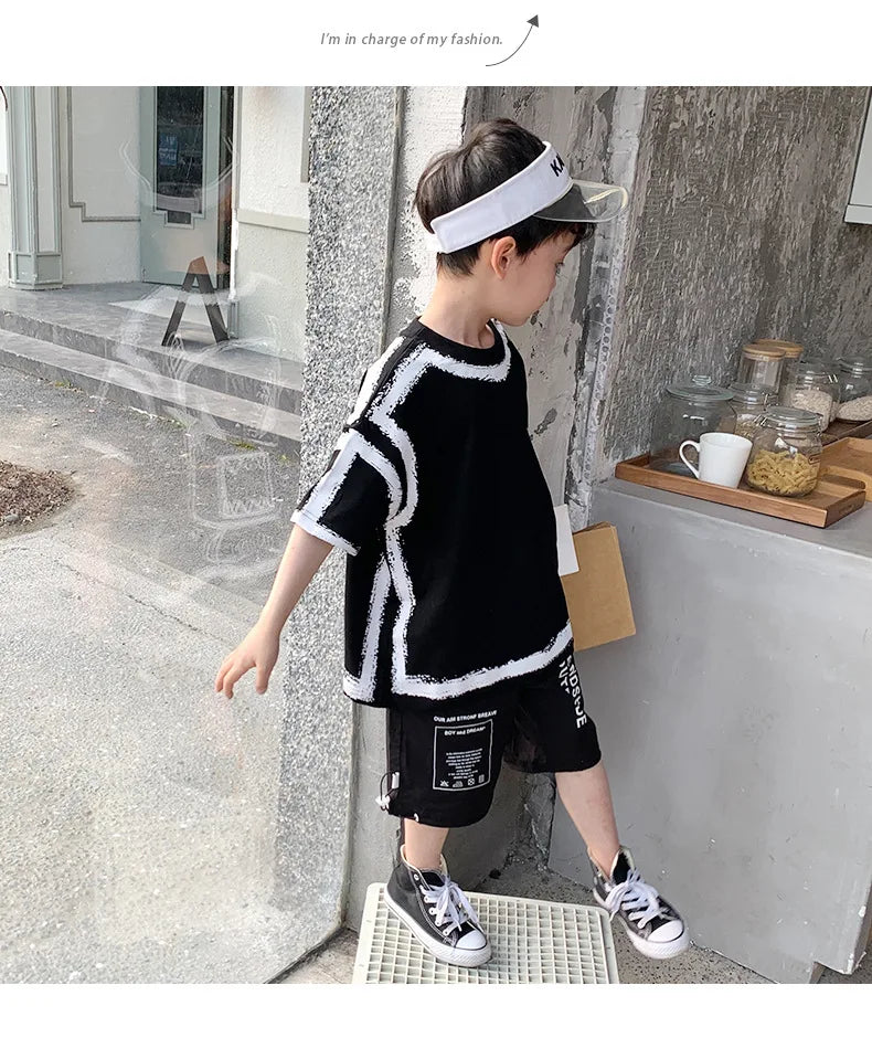 Summer Casual Boys Cotton Contrast Alphabet Graffiti t-Shirt Top+Shorts Pant Set School Kids Tracksuit Child 2PCS Outfit 5-14 Yr