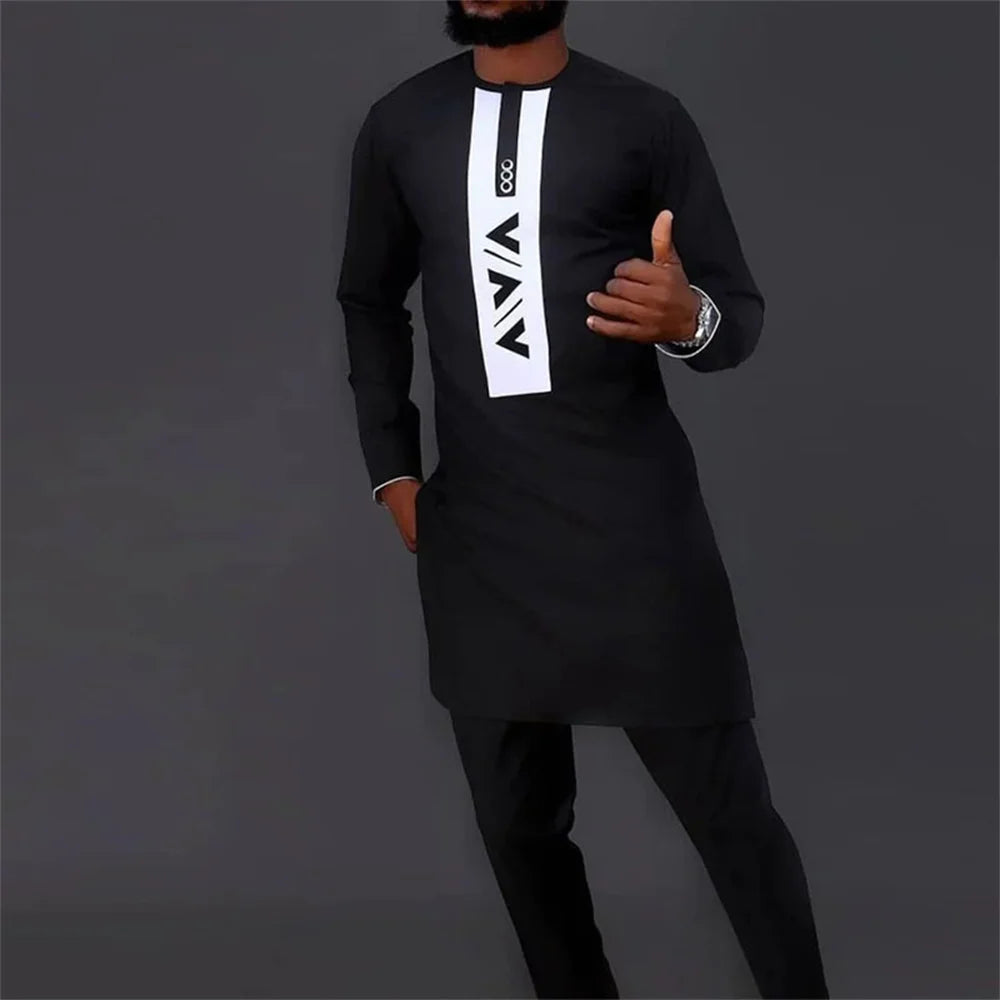 Kaunda Men's Suits Kaftan Outfits Round Neck Striped Print Long-sleeved African Ethnic Style Men's Sets Traditional Clothing