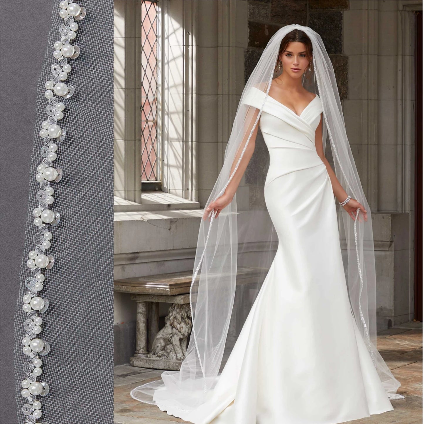 Luxury Cathedral Long Wedding Veil Crystal Organza Beaded Bridal Veil with Rhinestone Edge 1 Tier Soft Wedding Accessories G134