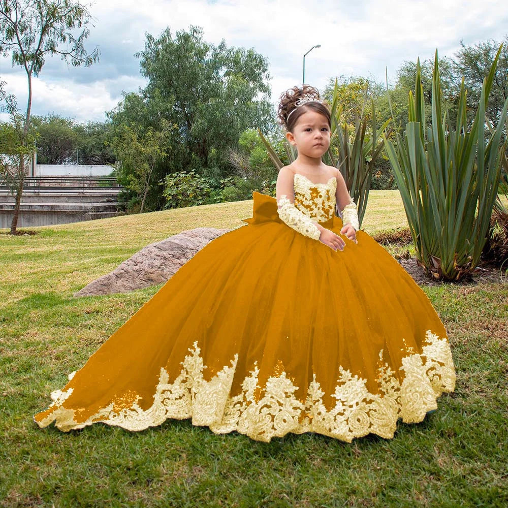 Gold Lace Appliqué Flower Girl Dresses For Wedding Full Sleeves Princess First Communion Dress Toddlers Long Birthday Party Gown