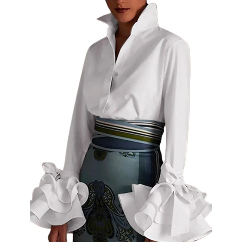 Women Elegant Flared Sleeves Falbala Blouses 2024 New Spring Autumn Black White Color Casual Office Lapel Shirts Tops