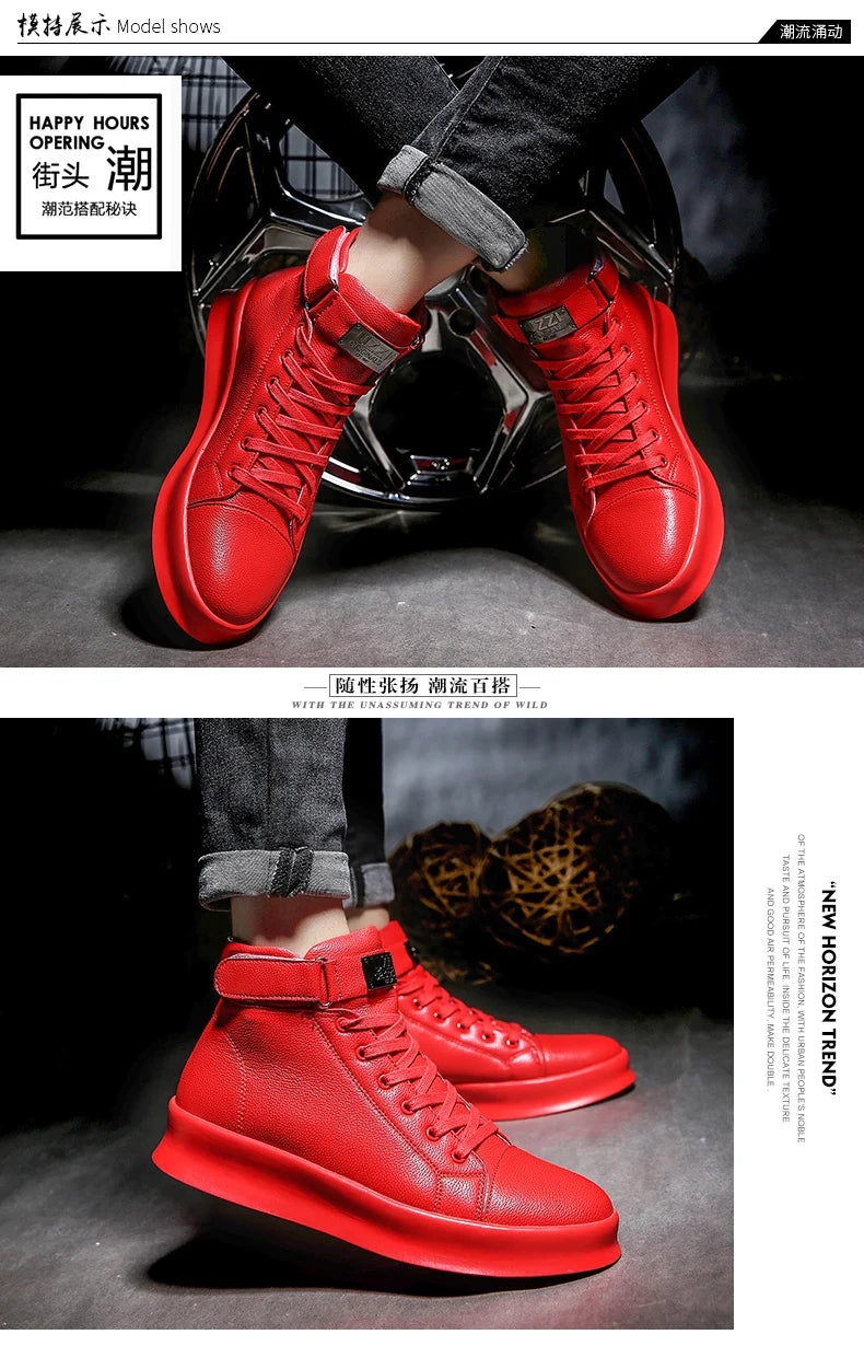 Fashion Luxury Men's Red High Top Sneakers PU Leather Casual Sneakers Men Flat Designer Shoes Breathable Hip Hop Sport Shoes Man