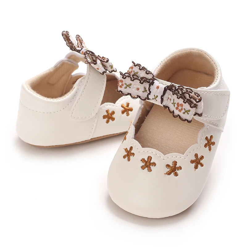 VALEN SINA 0-18 Months Newborn Girl White Baptism Shoes Bow Non-slip Rubber Soft-Sole Flat PU First Walker Mary Janes