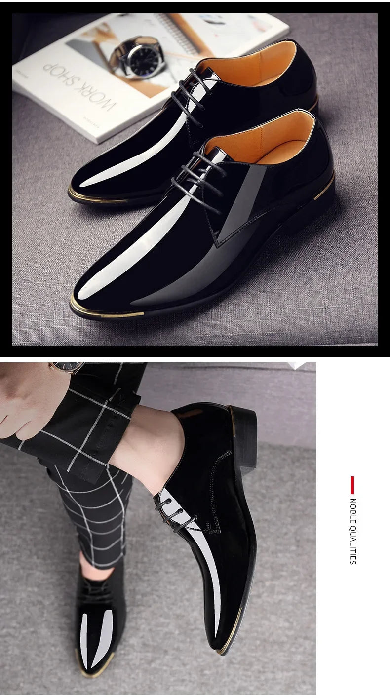 2024 New Men’s Patent Leather Shoes British Style Men's Dress Shoes Lace Up Pointed Toe Wedding Business Party Social Shoe Male