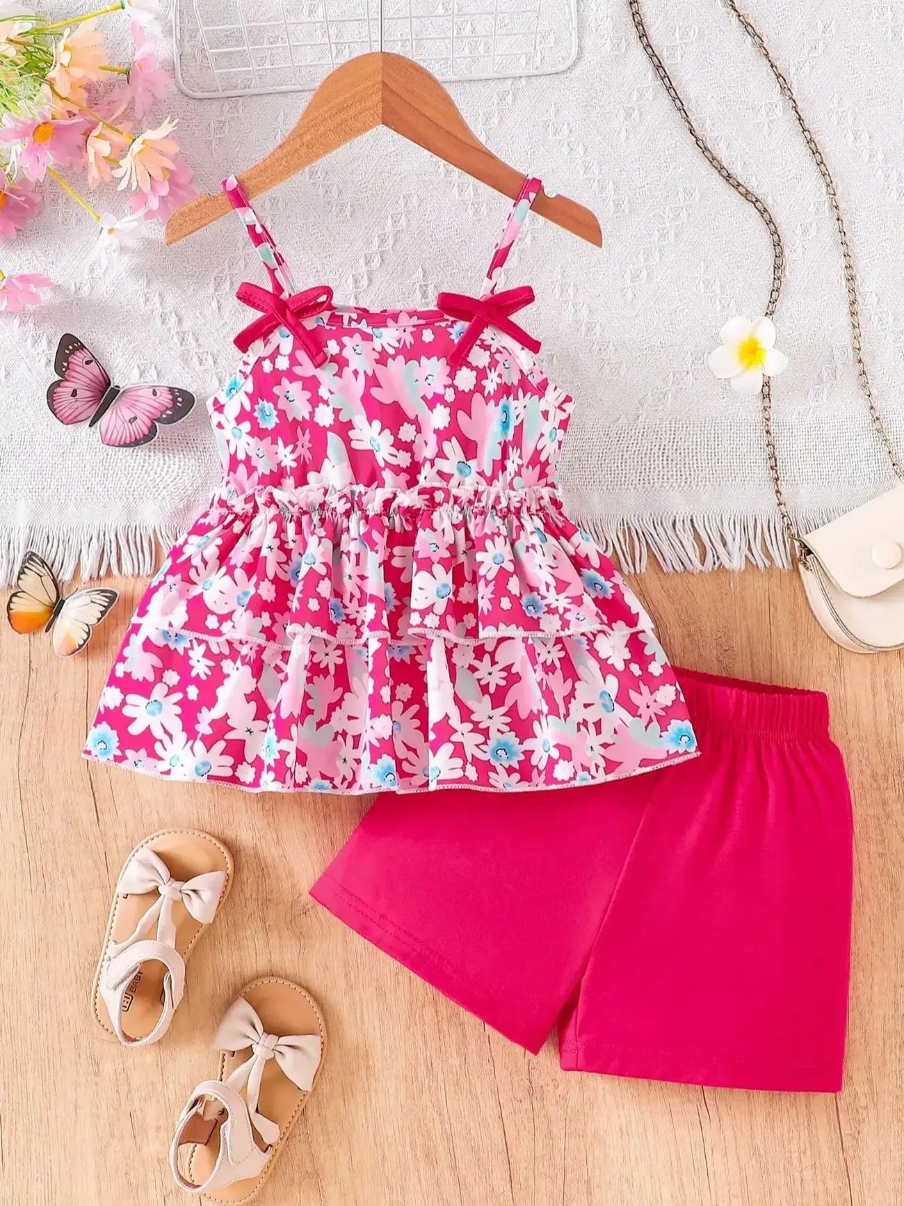 Summer Girl's Outfit Floral Sling Top + Shorts Set