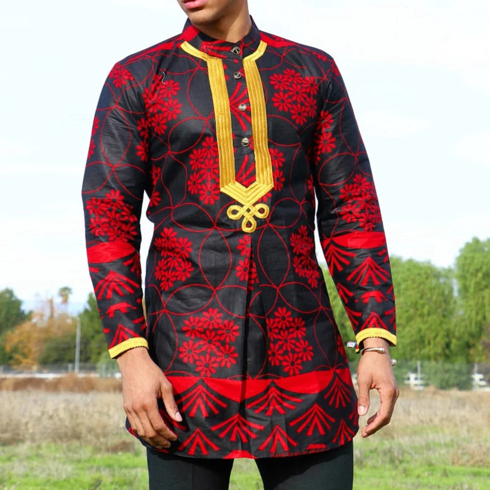 Kaunda Men's Suits Kaftan Outfits Round Neck Striped Print Long-sleeved African Ethnic Style Men's Sets Traditional Clothing